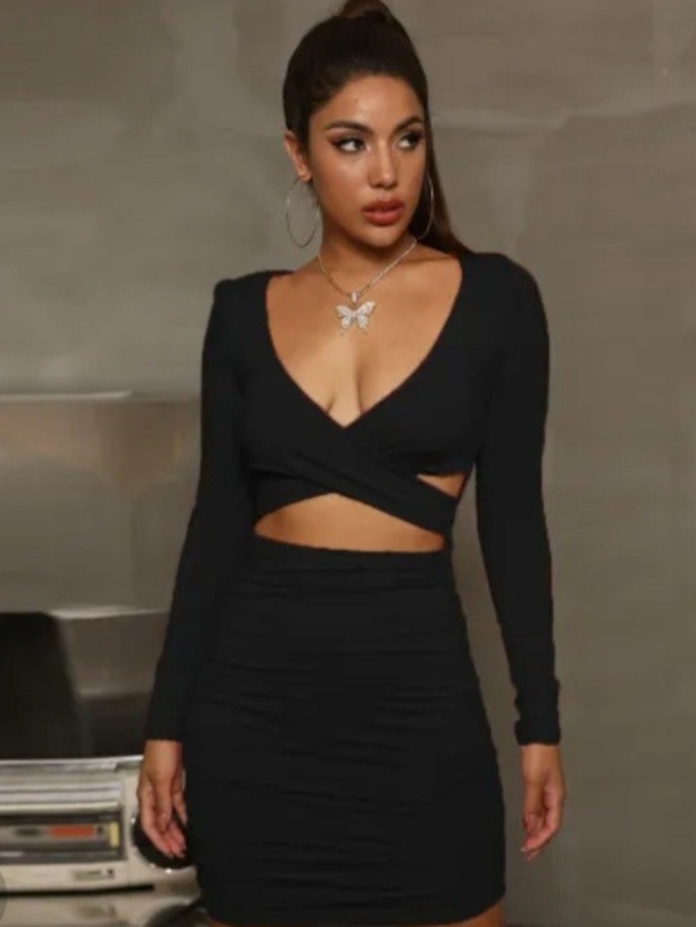 Black Long-Sleeve Wrap Crop Dress with Ruched Detail Size XL
